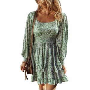 Angie Womens Green Floral Print Square Neck Tiered Ruffled Mini Dress Size S NWT